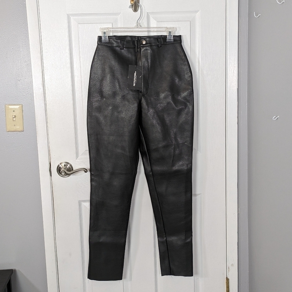 NWT Pretty Little Thing Black Faux Leather Straight Leg Trousers Size 6